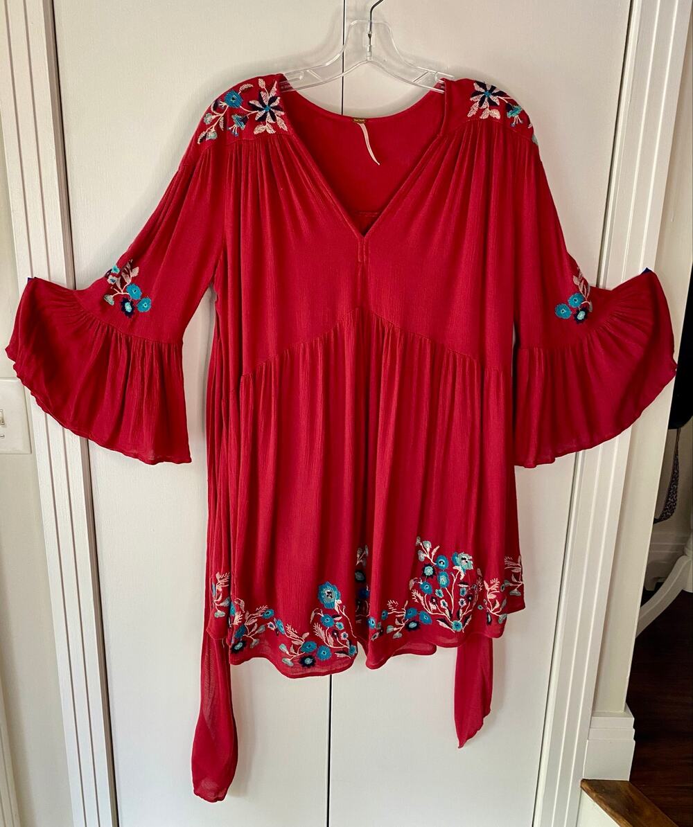 Free People Boho Embroidered Red & Turquoise Peasant Top Sz Small